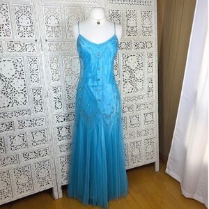 Vtg Y2K Blue Beaded Prom Gown Sz Small Fairycore Regal V Neck Spaghetti Strap